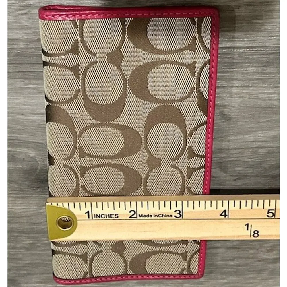 Coach Signature Canvas Checkbook Wallet Khaki Brown Pink Leather